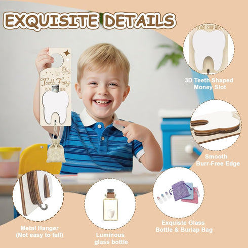 Tooth Fairy Door Hanger, Tooth Fairy Tooth Holder Kit with Money Slot Keepsake Bottle Burlap Pouch & Upgrade Night