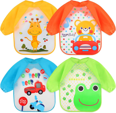 Accmor 4 Pack Long Sleeve Baby Bibs, Waterproof Sleeved Bib, Toddler Baby