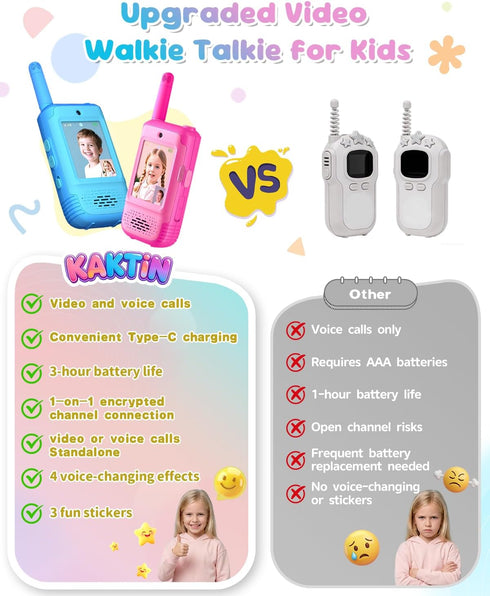 KAKTIN 2 Pack 3 3-12 1000Ft Video Walkie Talkies for Kids, Kids Walkie Talkies with Voice Changers, Rechargeable Toy