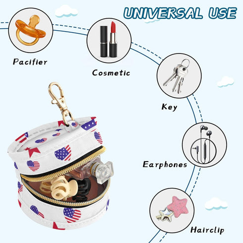 PYBUG Independence Day Heart Round Pacifier Storage Case, Polyester & TPU Lined with Hook Buckle, Pacifier Container