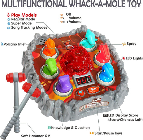 Yerloa Dinosaur Toys for Kids 3-5, Toddler Volcano Whack A Mole Game with 2 Hammers, Musical Learning Gift