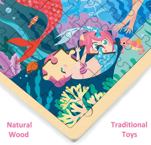 100 Piece Puzzles for Kids Ages 4-8, Unique Wooden Jigsaw Toddler Puzzles with Storage Tray Fun Mermaid