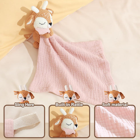 Baby Deer Security Blanket, Plush Deer & Crochet Stuffed Animal with Rattle, Essential Lovey for Newborns