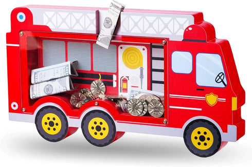 Wooden Fire Truck Piggy Bank for Boys Kids Girls Clear Real Money
