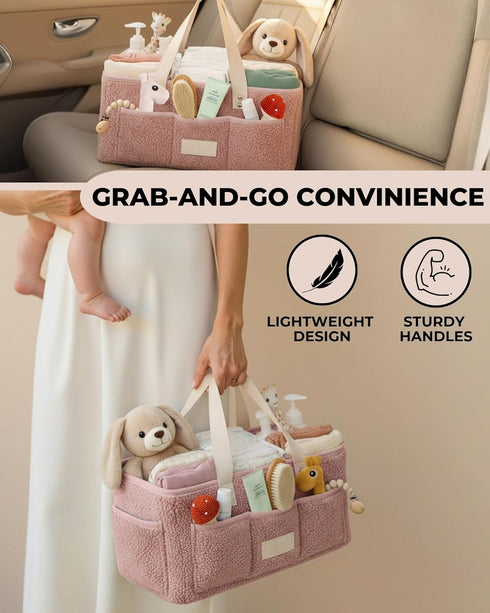 Baby Diaper Caddy Organizer with Portable Changing Mat - Teddy Fleece Diaper Organizer for Changing Table - Basket