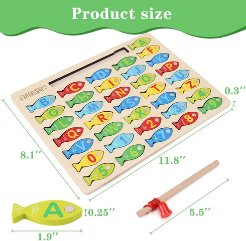 Magnetic Wooden Fishing Game Toy for Toddlers, Alphabet Fish Catching Puzzle for Preschool Learning ABC Math