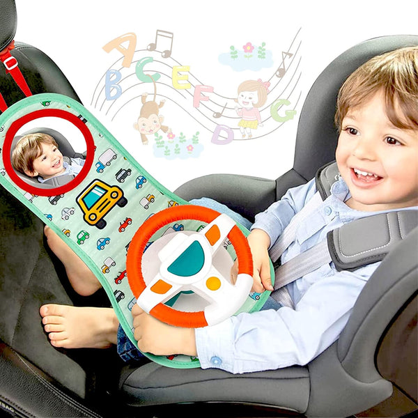 COVTOY Baby Car Seat Toys for Infants with Mirror, Steering Wheel, Music