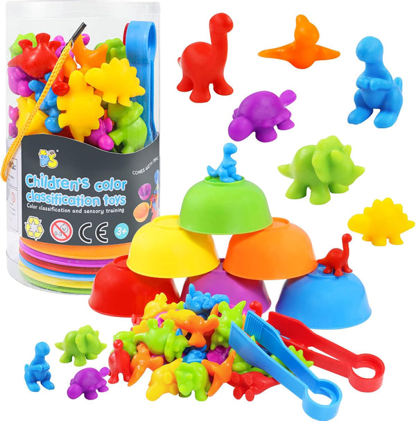 Counting Toys Matching Game for Kids - Sensory Color Classification Set with Sorting Bowls for Ages 3-5 Dinosaurs
