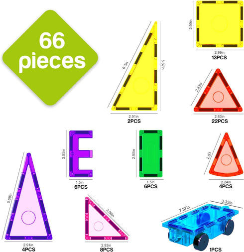 Everplay 66 pc Magnetic Tiles with Multicolored Car Set, Building Blocks Toys, STEM Educational Learning Magnet Toy for