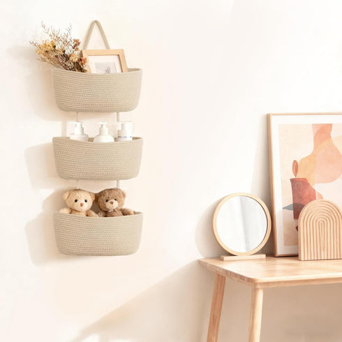 3-Tier Dahey Over The Door Hanging Basket Woven Boho Wall Mounted Storage Organizer with Hooks for Bedroom Nursery