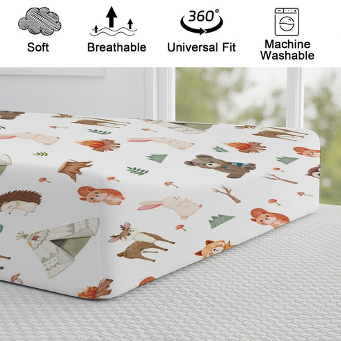 Camping Woodland Animals Changing Pad Cover, 32"x16" Cute Bear Raccoon Squirrel for Boys Girls