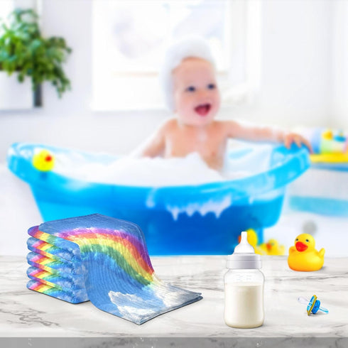 STAYTOP Pack 3 Rainbow Muslin Baby Washcloths of - Soft Face Cloths for Newborn, Absorbent Baby Bath and Face