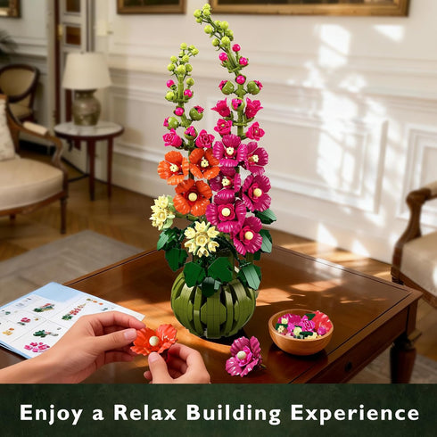Set 974PCS CUBIMANA Flowers Botanicals Alcea Rosea Building for Adults - Artificial Bonsai Plant for Home Office Dcor