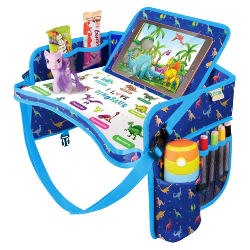 Car Seat Tray for Toddler - Waterproof Kids Travel Table Top - Road Trip Essentials - Lap Desk with Storage (Blue)