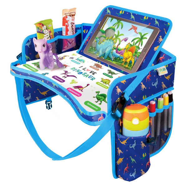 Car Seat Tray for Toddler - Waterproof Kids Travel Table Top - Road Trip Essentials - Lap Desk with Storage (Blue)