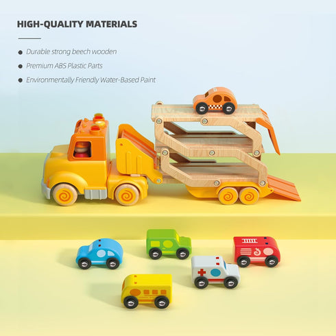 Toddler Toys for 2-5 Years Old, Transport Car Carrier Truck with 6 Wooden Vehicles, 30in Foldable Track Trailer