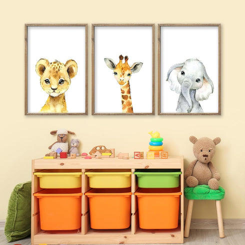 flowtorely 11x16 Inch Set 3 Baby Safari Nursery Wall Art Decor of Wood Framed Cute Animal Giraffe Elephant Lion Prints