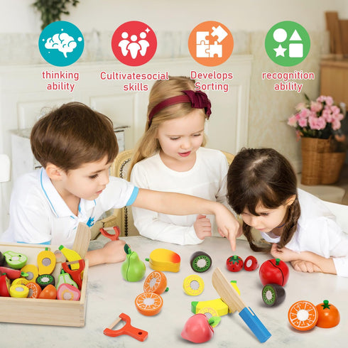 Set Set Wooden Play Food for Toddlers Toys Pretend Play Kitchen Accessories Fruit Cutting for Kids Gift for Boys Girls