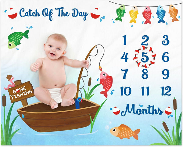 Gone Fishing Baby Monthly Milestone Blanket, Little Fisherman Bobber Photo Prop Ideas for Newborn Boy & Girl, 40" X 50"