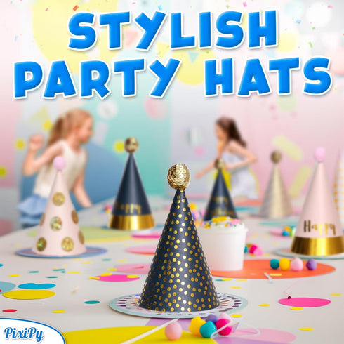 PixiPy Birthday Party Hats for Kids, 12 pc Colorful Cone-Shaped 7 inch Celebration Headwear Supplies