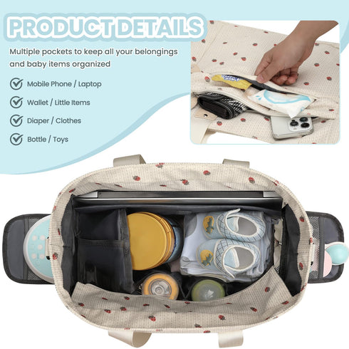 14 Inch Mommy Pritent Large Travel Diaper Bag Tote with Laptop Sleeve, Breast Pump Bag for Mom and Dad, Maternity
