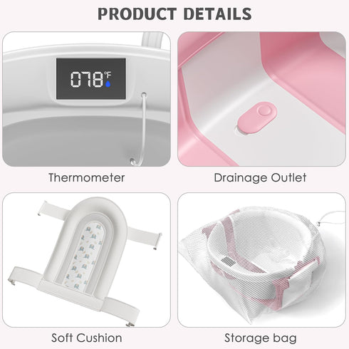 0-36 Collapsible Baby Bathtub for Newborn to Toddler Months,Spacious Foldable Infant Bath Tub with Thermometer,Cushion