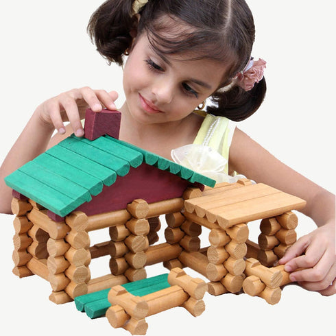 90 Set, 3 4 5 6 Wondertoys Pieces Classic Wood Cabin Logs Building Log Toy for Children, Farm House Construction