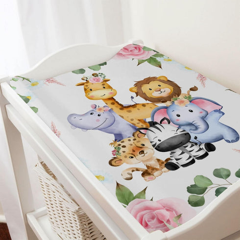 Jungle Safari Animals Changing Pad Cover with Tropical Leaves, Lion, Elephant, Zebra, Giraffe, Hippo, 32''x16''