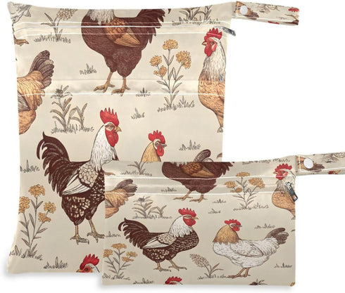 Haskirky Rustic Roosters 2 Pcs Cloth Diaper Wet Dry Bags,Waterproof and Washable Bag