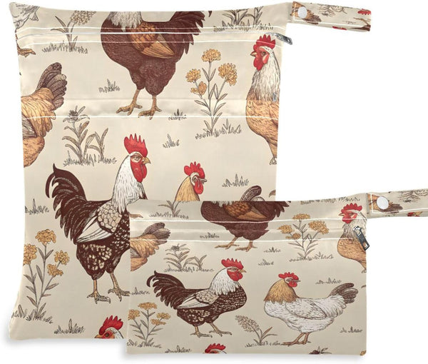 Haskirky Rustic Roosters 2 Pcs Cloth Diaper Wet Dry Bags,Waterproof and Washable Bag