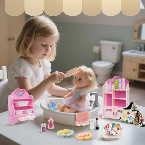 WEHOO 74Pcs Set Backpack Dollhouse Acessories Furniture Mini Cabinet with Drawers Case Handbag Towel Cosmetic Bathroom