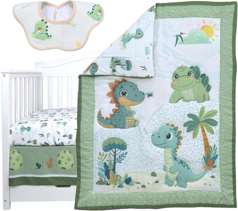 TrenD'Lay 4 set set Piece - Includes Comforter, Fitted sheet, Crib skirt and Bib. Unisex Baby Dinosaurs Crib bedding
