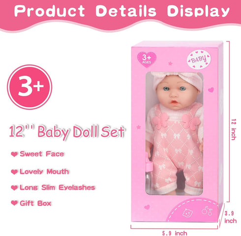 12" Set Box,12 Inch Playset 3+ UZIDBTO Baby Doll with Clothes and Accessories in Gift Baby Care Game with Pacifier
