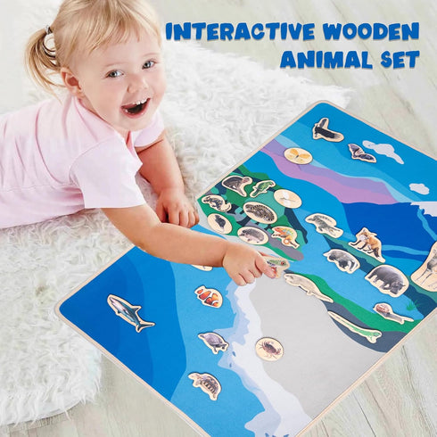 Montessori Land and Water Map with 25 Wooden Animals, Educational Geography and Zoology Mat for Kids 4-8