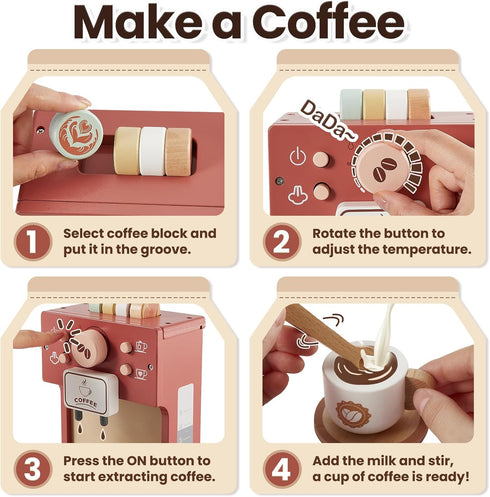 Playset 3 4 5 BUYGER Toy Coffee Maker for Kids, Wooden Coffee Pretend Play Kitchen Accessories Gifts for Ages Year Old