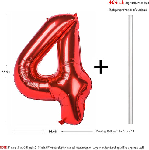 40 Inch Red Big Number 4 Birthday Party Decoration Foil Balloons for Anniversary, Wedding, Girls and Boys Digit 4