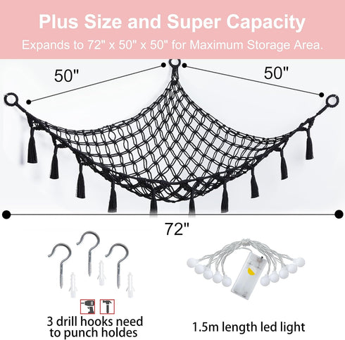 Yewiwin Hammock Hammock (Black(55"*55"*72")) Stuffed Animal Net or with Light, Macrame Hanging Net for Stuffed Animal