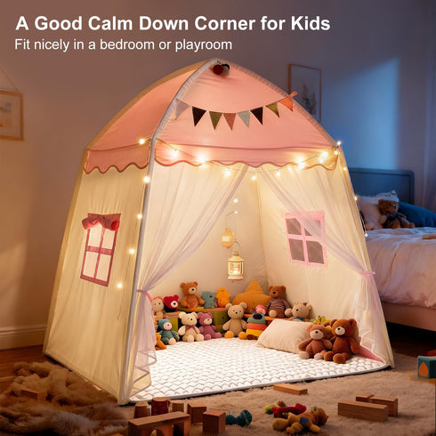 Setup 3-12 59x39x59 Kids Play Tent Indoor Teepee: Princess Castle Reading Nook with Mat Lights Carry Bag Mesh Windows
