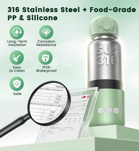 12oz 80W 316 11400mAh Portable Bottle Warmer for Travel Fast Heating, Stainless Steel, Rechargeable Precise Temp
