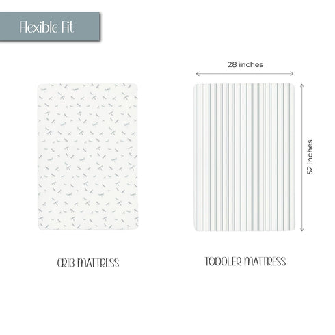 Set Changing Pad Cover and Crib Sheet Bundle (Blue Dragonflies + Stripes Print)