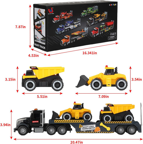3 4 5 6+ Construction Semi Trailer Truck Toy, Large Flatbed Truck Carrier with Excavator and Dump Vehicle, Lights
