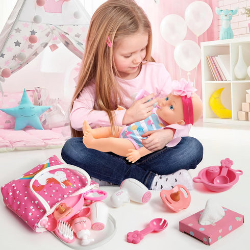 Set 12" 17pcs 3 4 5 6 7 Golray Girl Baby Doll Stroller Toy with Baby Doll & Baby Doll Accessories