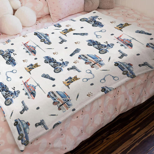 Police Vehicles Watercolor Baby Blanket for Boys, Car Motorcycle Helicopter Flannel Swaddle 30x40