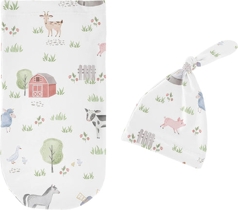 Set Sweet Jojo Designs Farm Animals Boy Girl Cocoon and Beanie Hat Jersey Stretch Knit Sleeping Bag for Infant Newborn