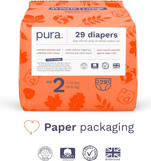 2 (7-13 lbs) 3 Packs 29 (87 Pura Hypoallergenic Diapers, Size Totally Chlorine Free, Wetness Indicator, Suitable