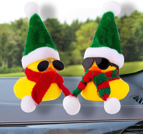 Christmas Rubber Ducks Car Ornaments, Mini Yellow Duck Dashboard Decorations with Hat, Scarf, Sunglasses - 2 Inches (C5)