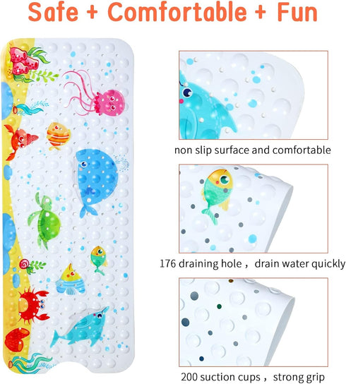 Large Kids Bath Mat for Tub, 40 x 16 Inch Non-Slip Cartoon Whale Anti-Slip Mat for Toddler Baby Bathtub