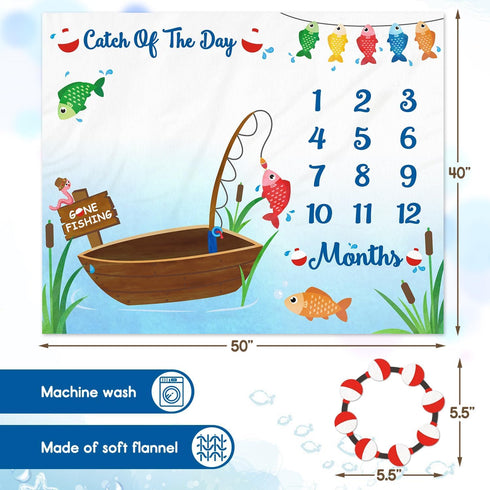 Gone Fishing Baby Monthly Milestone Blanket Little Fisherman Bobber Photo Prop Ideas for Newborn Boy & Girl Nursery Décor (40" X 50") by Gicoherero