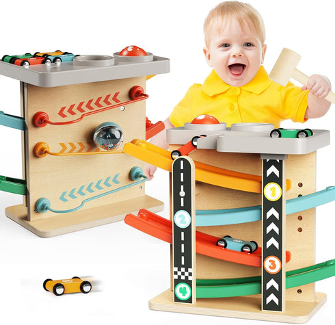 Wooden Car Ramp Race Track 2-in-1 Pound Ball Toddler Toy Ball Drop