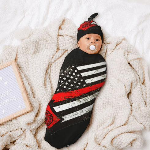 USA Thin Red Line Firefighter Axe Pattern Baby Swaddle Blanket, 100% Cotton with Beanie Hat Set for Infant Gifts
